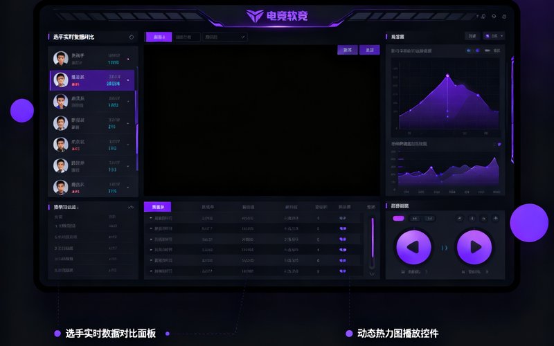 小艾电竞战术复盘功能v3.0版本界面展示，新增选手实时数据对比面板和动态热力图播放控件，界面采用深色主题配以紫色高亮元素