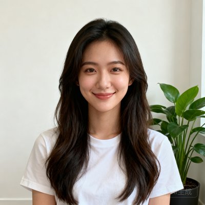 一位25岁的女性电竞内容创作者头像，长发自然披肩，面带温暖微笑，身穿白色简约T恤，背景是整洁的米白色墙壁和一盆绿萝，气质知性亲和