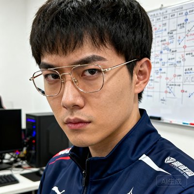 一位32岁的职业战队战术教练头像，戴着金属框眼镜，身穿深蓝色战队教练夹克，眼神专注而锐利，身后隐约可见战术白板上密密麻麻的标记和训练室的电脑设备